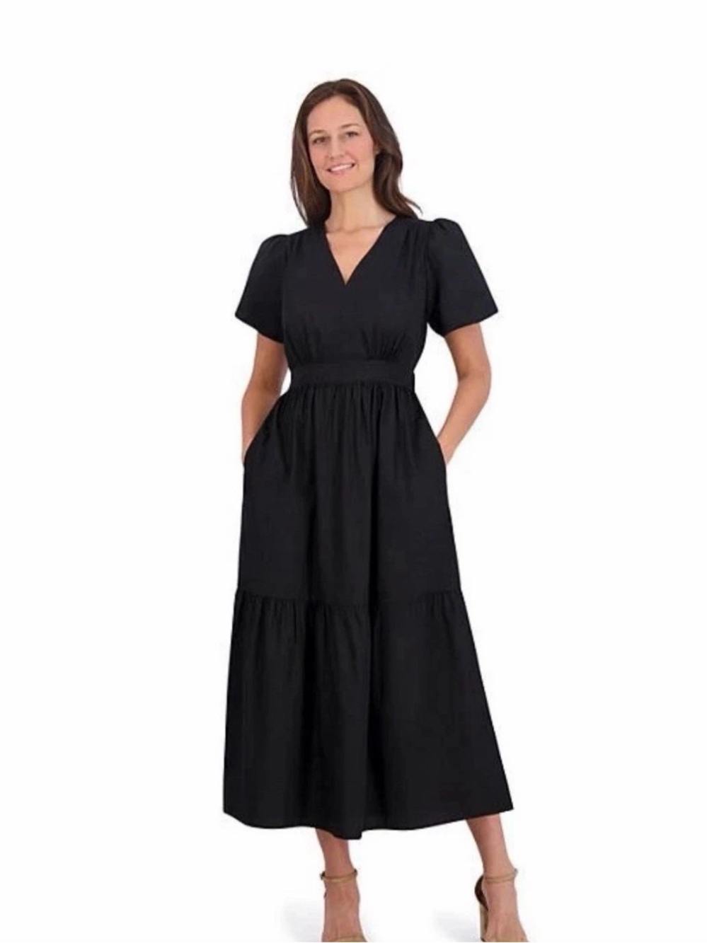 French Connection Black V-Neck Short Sleeve Tiered Maxi Dress